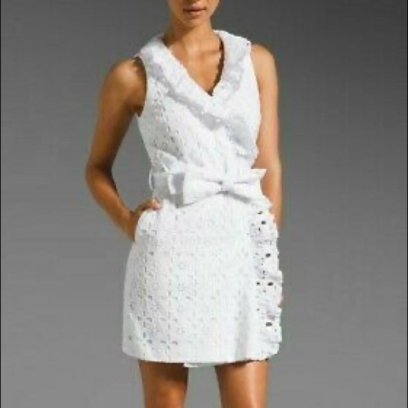 chinese dress ladies Jolessa Ruffle-Trim Pointelle-Knit Mini Dress in White main image 0